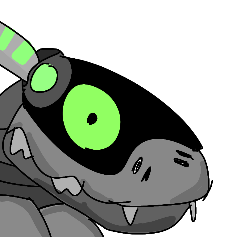 Crudely drawn picture of a synth character, looking derpy and staring at the viewer with a large green eye. Their body is mostly colored with shades of grey and accents of green.